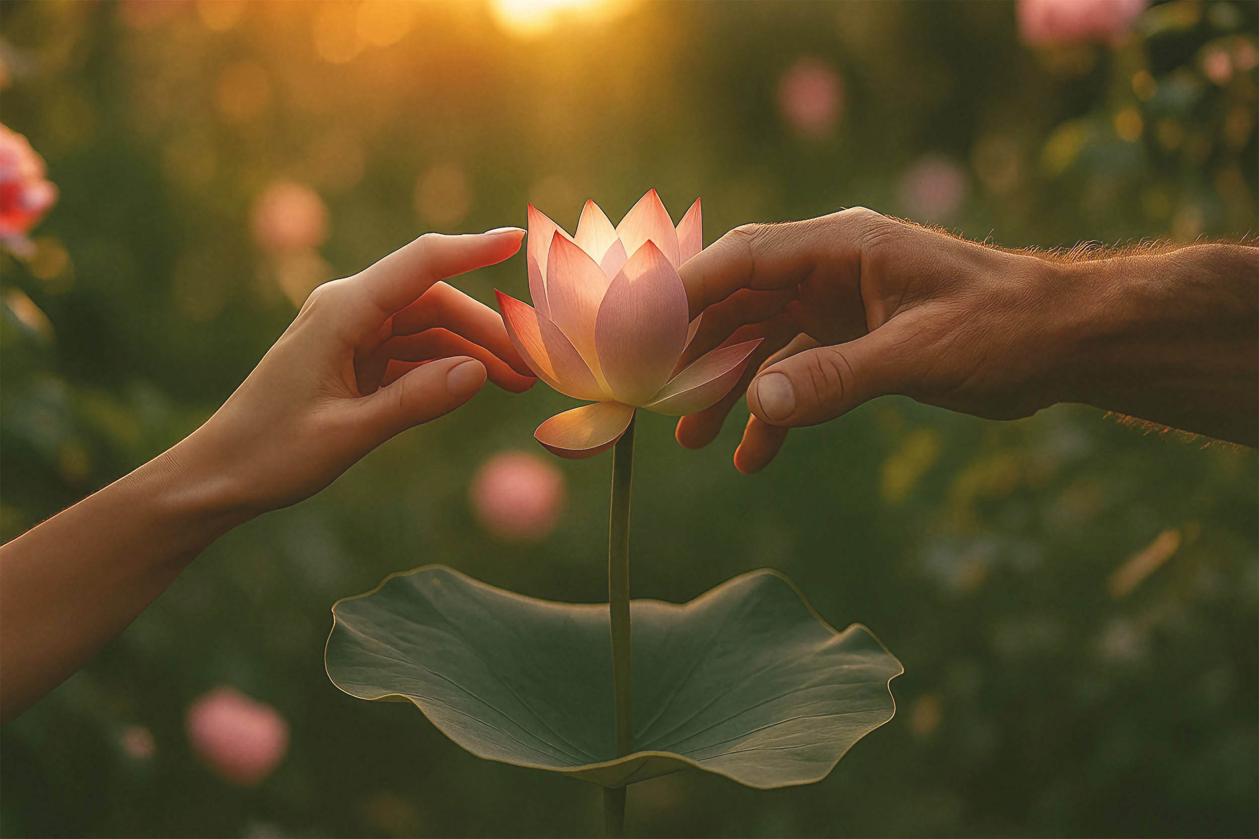 Two hands connecting over a lotus flower, symbolizing intimacy and mindfulness at sunset