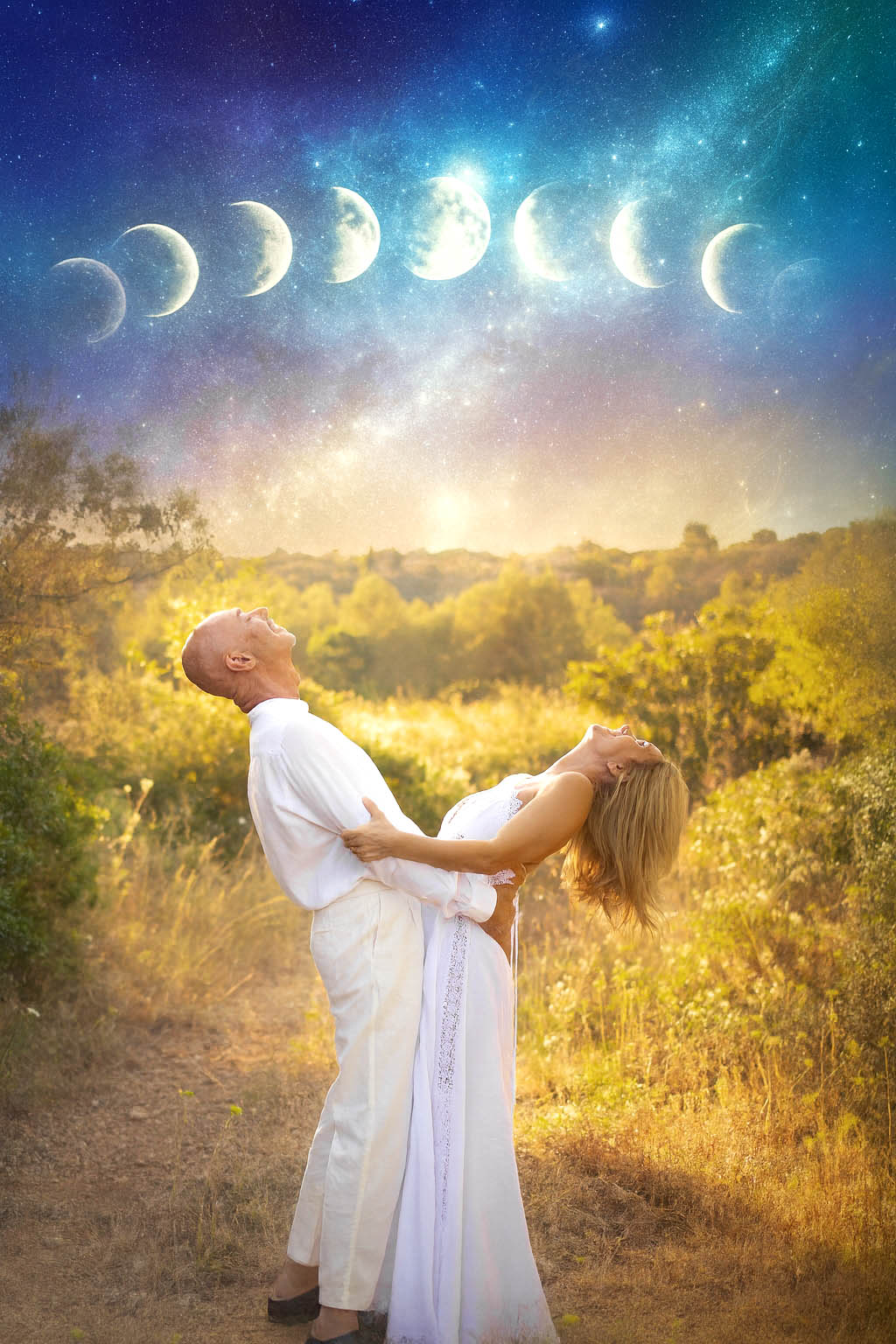 A couple dressed in white embracing joyfully in nature under a sky with lunar phases, symbolizing harmony, connection, and the science of cycles in tantra.